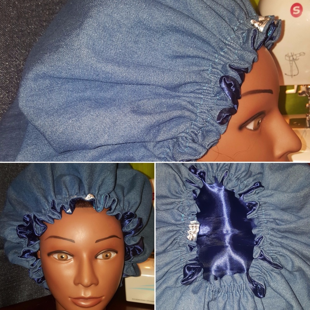 Adult Denim Satin Lined Hair Bonnet